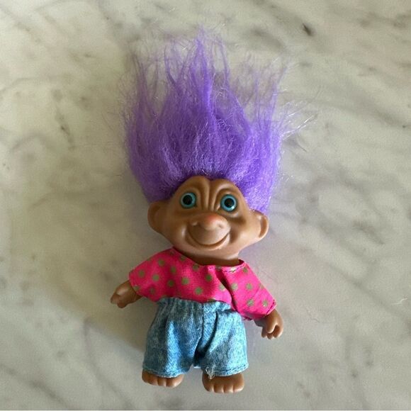 Vtg Russ Troll Doll Purple Hair, BlueEyes, acid wash shorts & neon top  3” - Picture 3 of 8